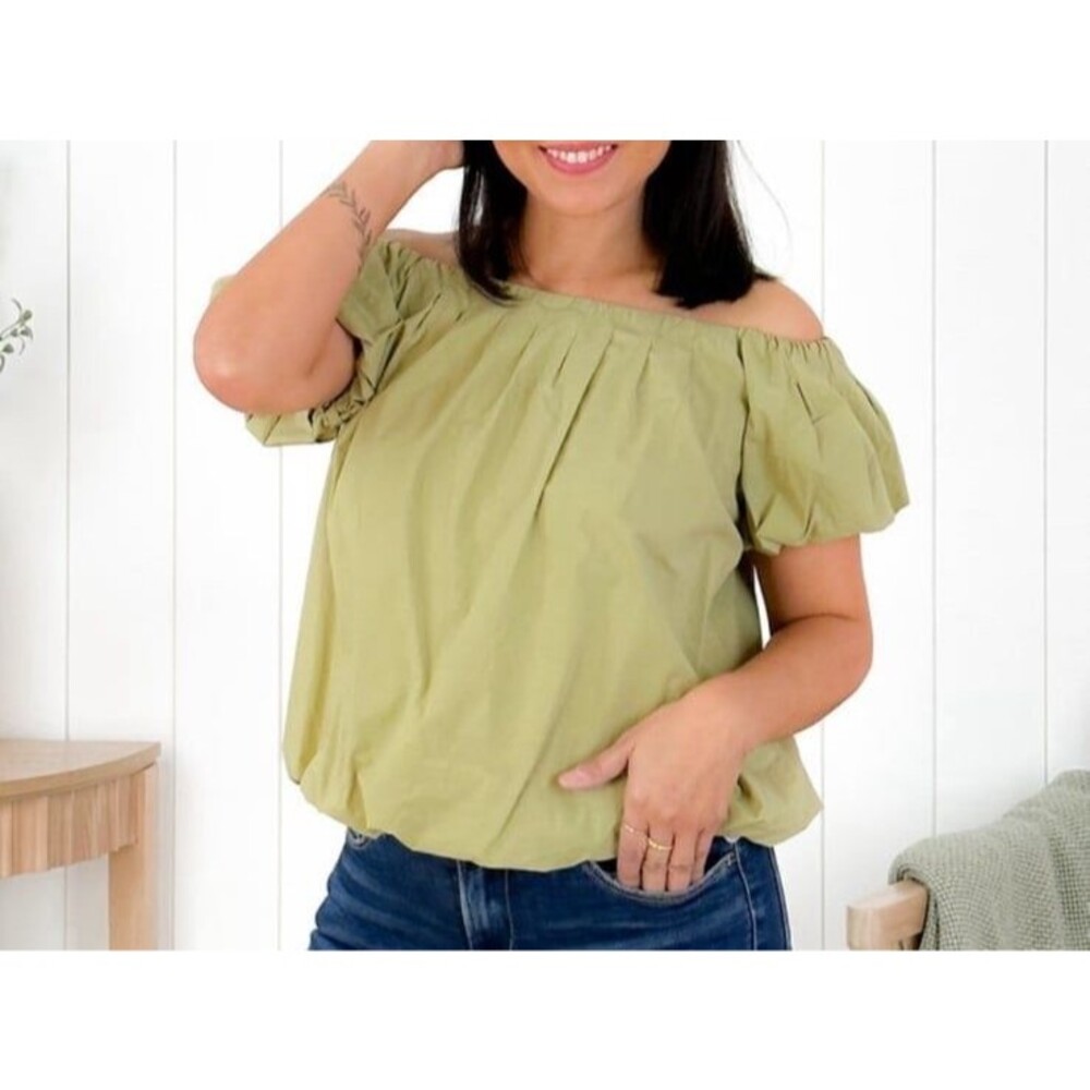 Heyson top off shoulder shirt blouse puff sleeve heysen bubble Top cotton flirty